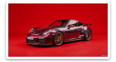 Medium shot of a porsche 911 made of russian capret, red solid studio background, low keu light, top soft light, dutch angle,  captured by arri alexa sticker