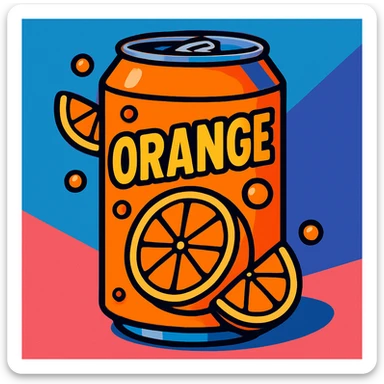 clean, vibrant color cartoon illustration of a can of orange soda with orange slices, TikTok-inspired, minimal and trendy look, bold colors sticker