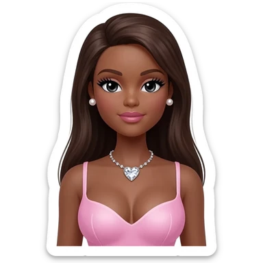 pearl earrings stud, Long giant lashes, Doll faced shaped,swarovski heart with Rhodium plated necklace, bimbo, black doll eyes, barbie, dark brown skin, with long dark brown hair, light pink, big breast sticker