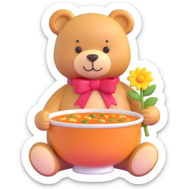 teddy bear with soup and flower sticker