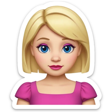 "Create an emoji-style character of Doris from Shrek — the tall barmaid with short blonde hair, bold makeup (blue eyeshadow, red lipstick), and a pink dress. Make her look confident and friendly, with a cartoonish round face and expressive emoji-like features. sticker