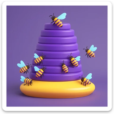 a purple beehive with five purple honeybees buzzing around, glossy and expressive, no text sticker