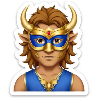 a man, with a Blue vest,  wear half-face golden Buffalo masquerade mask sticker