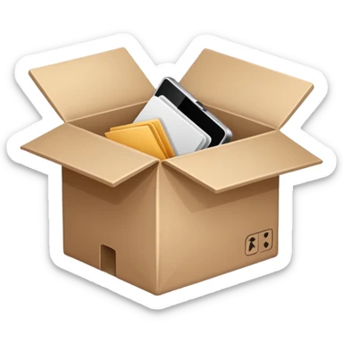 Minimalistic flat vector icon, iOS style, thin black contour on white background. Open box with old items being cleared out. Clean, modern, no text, no shadows sticker