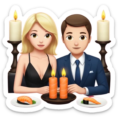 realistic photo of Alex Warren with a beautiful  victoria secret model on a candle lit sushi date sticker
