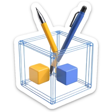 Create an emoji for 3D visualization and modeling. Show a 3D wireframe model or shape (e.g., a cube or sphere) with a design tool like a stylus and 3D rendering software interface. Use modern, professional colors. Do not include any emojis or smiley faces. Make the background transparent. sticker