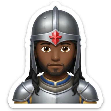 A black male with long black rough hair wearing a knight helmet sticker