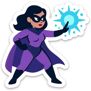 woman superhero in a soft purple and black suit, casting magic from her hand sticker
