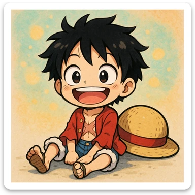 Luffy from One Piece, chibi style, sitting with his straw hat, cheerful expression, anime-inspired sticker
