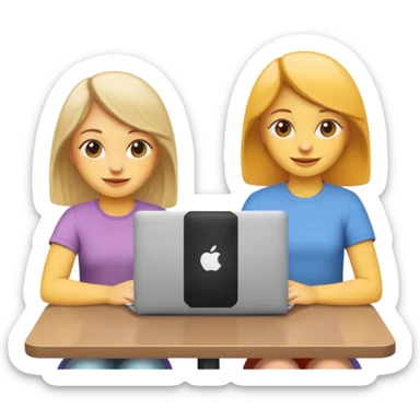 two girls sitting together with a MacBook in front of them, friendly and cheerful expressions, emoji style, inspired by reference photo sticker