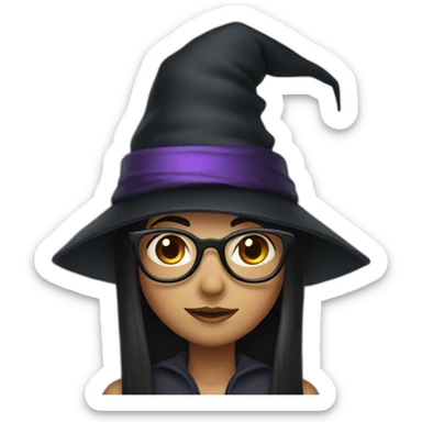 girl with straight long black hair, glasses and witch hat sticker