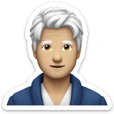 A man with white hair and blue eyes and his name is Gojo saturo and he is japanese sticker