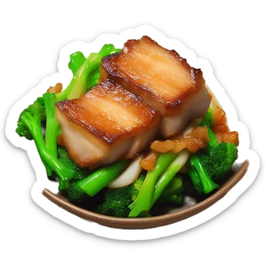 Stir fried Crispy pork belly on oyster sauce with green vegetable sticker