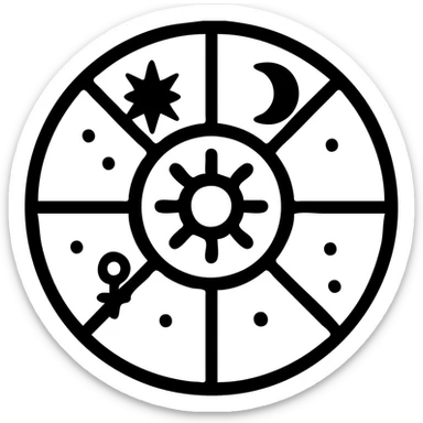 vintage astrology natal chart icon with intricate celestial symbols, mystical and ornate, solid black filled sticker