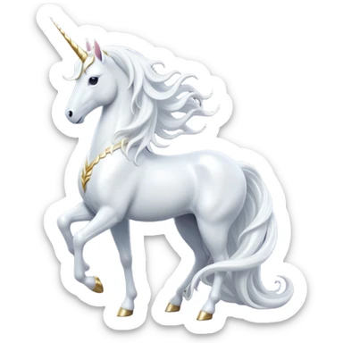 cinematic-beautiful-white-unicorn-full body-emoji,-poised-and-regal,-with-a-slender,-ethereal-form-draped-in-a-pristine-white-color,-a-flowing-mane-and-tail,-and-a-glistening,-spiraled-horn-that-radiates-pure-light,-simplified-yet-sharp-and-majestic, zoomed out to show a majestic unicorn sticker
