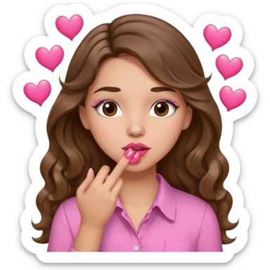 girl with long wavy brown hair, brown eyes, light to medium complexion, in a pink shirt, pink lips, long lashes, puckering up for a kiss, kiss lips and hearts in hand sticker
