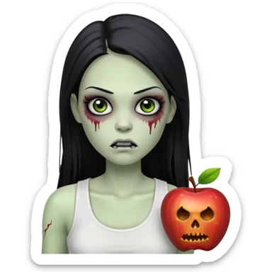 девушка зомби с темными длинными прямыми волосами, с черными макияжем глаз, тонкими бровями в стиле Apple avatar, оделся в белую майку sticker