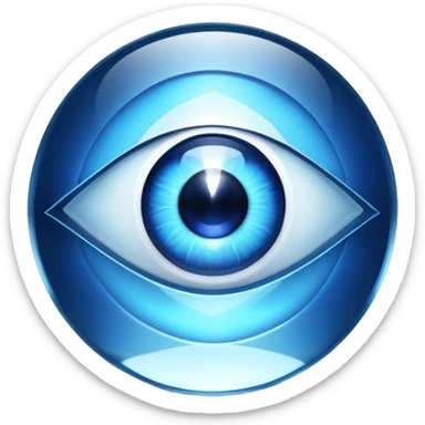 Cinematic Realistic image of a glass Evil Eye blue stone, rendered with translucent, luminous blue hues and finely cut facets that catch soft reflective light, set against a dark, minimalist backdrop to emphasize its mystical allure. sticker