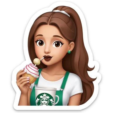 Ariana Grande drinking a Starbucks cup and eating a cake pop sticker