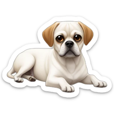 White puggle with brown ears laying on bed sticker