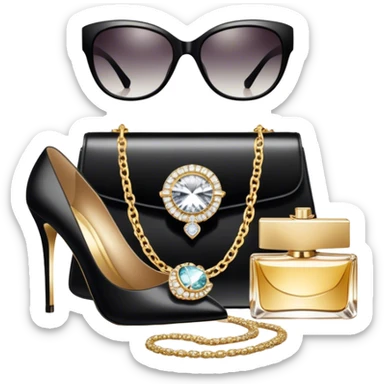 A photorealistic icon featuring luxurious fashion accessories like a high-end handbag, elegant high heels, a sparkling diamond necklace and a stylish pair of sunglasses. The design includes gold accents, purfume, and glamorous textures, fashion, and VIP luxury. Transparent background sticker