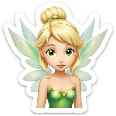 Cinematic Realistic Blonde Tinker Bell Fairy Portrait, head tilted playfully and inquisitively, showcasing a delicate pixie form with finely detailed, golden blonde hair and softly glowing, translucent wings that catch the light with a cascade of fairy dust. Her bright, curious eyes sparkle with mischief and wonder, rendered with lifelike clarity and warm, gentle lighting that captures the essence of a spirited, charming fairy ready to flutter playfully into your heart. sticker