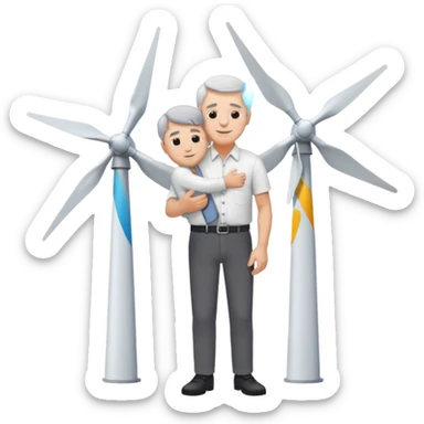 an older white man with grey hair and a white shirt and black pants , hugging a silver wind turbine sticker