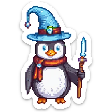A blocky retro penguin wizard with a pointy hat and a wand sticker