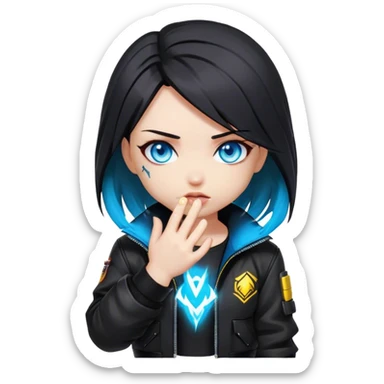 Black hair cyberpunk 2077 chibi girl with blazing blue eyes and black jacket. Hide face in hands sticker