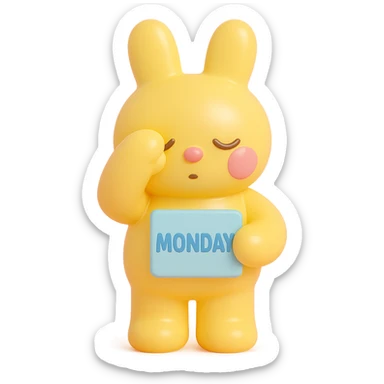yellow bunny holding Monday memo while rubbing eyes, vinyl figure style, smooth and shiny surface sticker