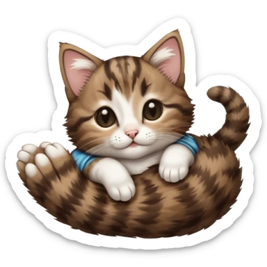 dark brown tabby and white kitten with his eyes closed whilst in funny positions stretched out and  upside down sticker