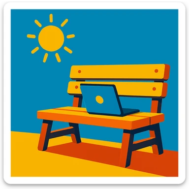 Reduce the background elements, keep the focus mainly on the bench, laptop, and sun. Use a vibrant toon illustration style with bright and lively colors, emphasizing clarity and vibrancy. sticker
