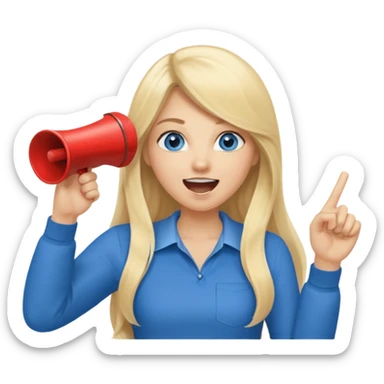  blue eyes blonde girl yelling into megaphone smiling long hair holding up finger sticker