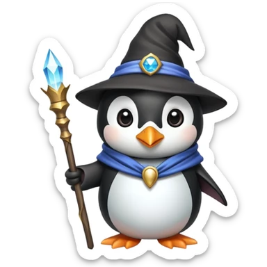 cute penguin wizard with a magical staff and a pointy hat sticker