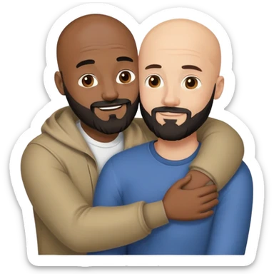 Two guys hugging, one African American, one Caucasian, one is bald with black beard and the other guy have brown hair sticker