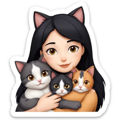 happy girl with black hair hugging three cats  (black cat, gray cat, brown calico cat) sticker