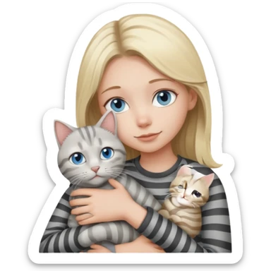 Blonde girl with blue eyes cuddling with light grey tabby cat with dark grey stripes sticker
