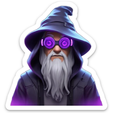 Gandalf wearing a black hoodie with "OMG" letters on it and VR headset in a cyberpunk VR environment with violet neon lighting. sticker