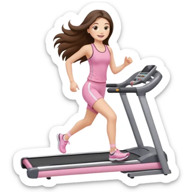 happy long haired brunette girl hazel eyes in light pink walking on treadmill  sticker