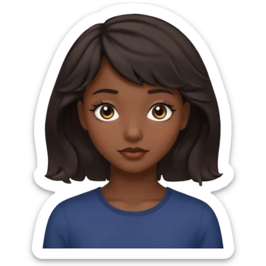 A pretty girl with dark brown eyes and short wavy dark hair with short side bangs and a neutral expression emoji sticker