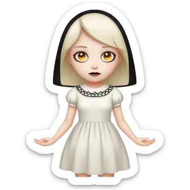 Stylized cult cartoon girl emoji, eerie-cute aesthetic, symmetrical design, subtle spooky vibe, glowing eyes, saying “AMILK”, bold graphic icon sticker