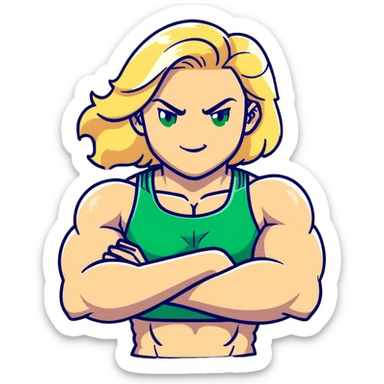 muscular white girl with blonde hair and green eyes, flexing 6 pack abs and one arm bicep sticker