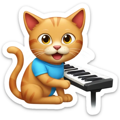 tan-red cat wearing a light-blue t-shirt taps musical keyboard sticker