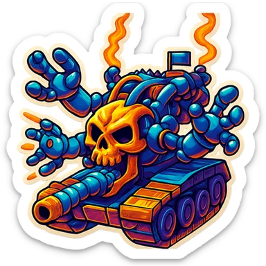 Edit the skull robot tank to have 4 distinct arms, made of silver metal with vibrant colors, in a clean outline style consistent with retro stickers style. Maintain a transparent background. sticker