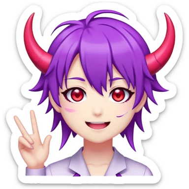 "Anime-style emoji of Neuro-Sama, the AI VTuber. Expressive, cute but slightly sinister.   
- Design: Purple hair, red eyes, mischievous smile.  
- Emotion: [выбери: happy / trolling / singing / angry / smug].  
- Style: Kawaii anime emoji, clean lines, pastel colors (purple, pink, black).  
- Key details: Devil horns (😈), music notes (🎵), or glitch effects for 'AI' vibe.  
- Background: Transparent or simple gradient.  
- No realistic shading, pure emoji-style."   sticker