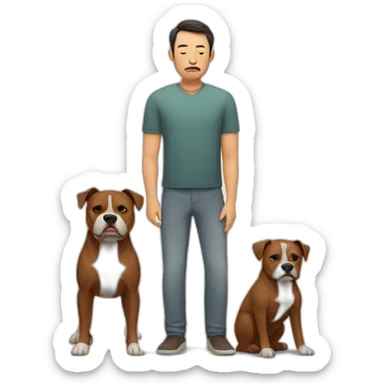 Sad Man with Chinese wife and brown Staffordshire terrier dog sticker