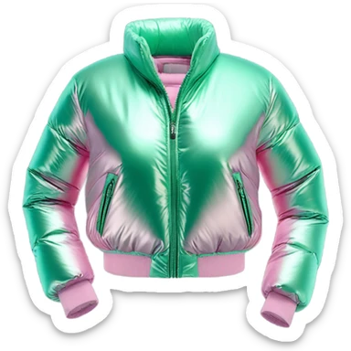 Realistic isolated side view of an open metallic pink cropped puffer jacket and metallic mint green sports bra underneath the jacket. sticker