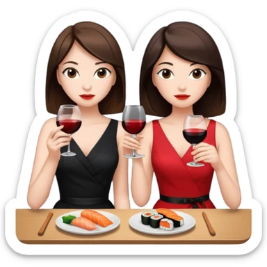 Two brunette girls eating sushi and drinking wine, first girl has a black dress and the second girl has a red dress sticker