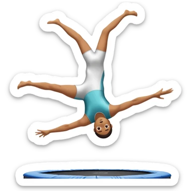 An athletic person soaring high above a trampoline, executing an acrobatic flip with perfect form. The scene captures motion and energy, with a dynamic pose, stretched limbs, and a focused expression. The background suggests a professional trampoline arena with safety padding. sticker