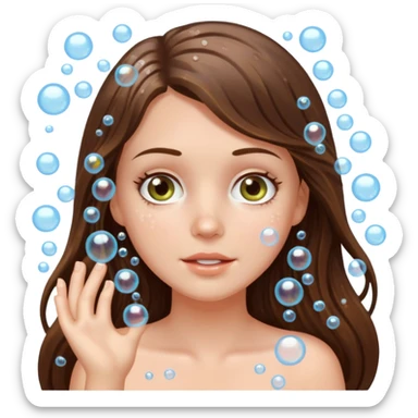  white long brunette hair girl with hazel eyes showering with lots of bubbles sticker